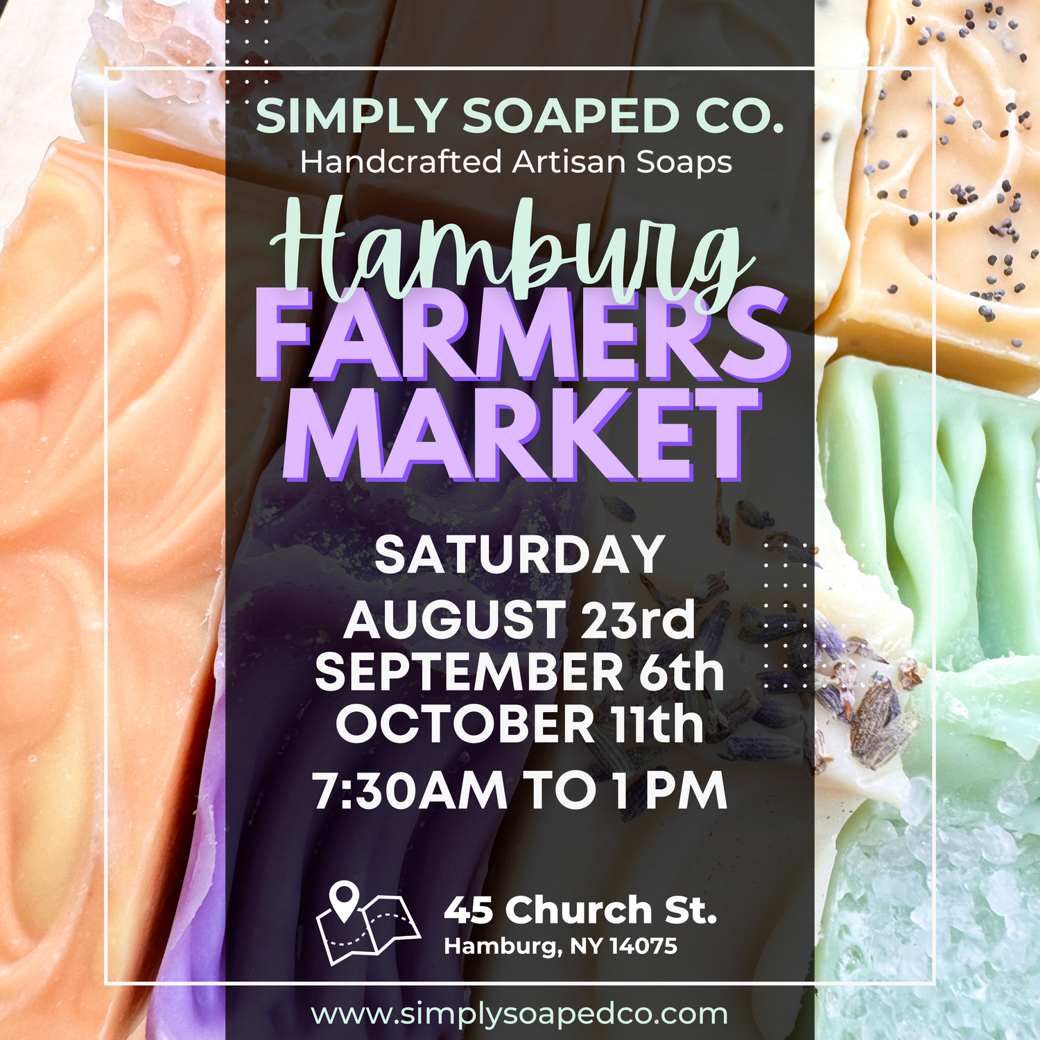 Advertisement for Simply Soaped Co. at the Hamburg Farmers Market with soap images.